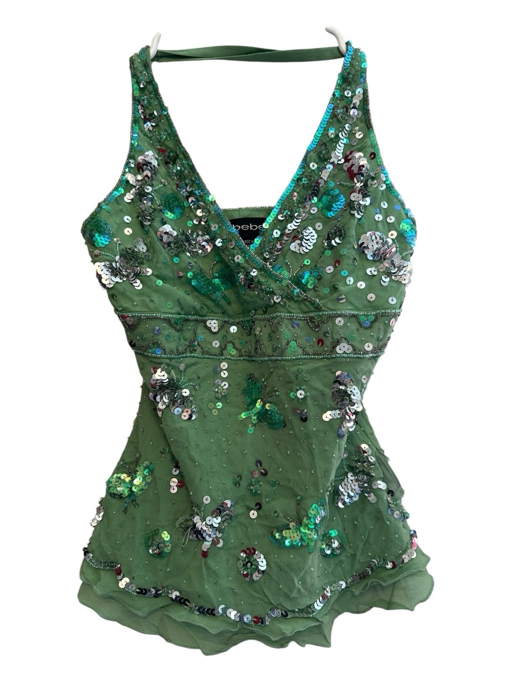 Y2K Bebe Green Silk Fairy Babydoll Tank w/ Sequin Butterfly Design Size XS